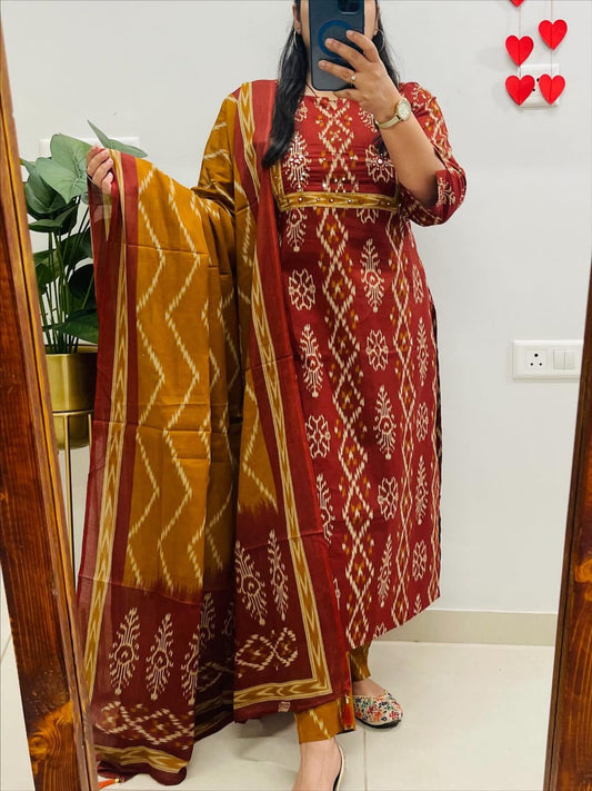 Cotton Kurti Pant Set with Sequins Work & Dupatta