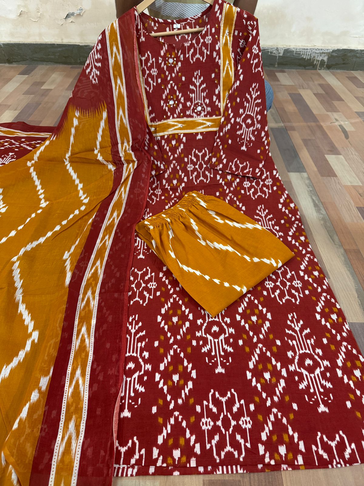 Cotton Kurti Pant Set with Sequins Work & Dupatta