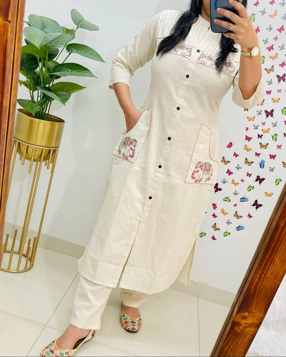 Cotton Kurti Pant Set with Tagai, Embroidery & Button Work