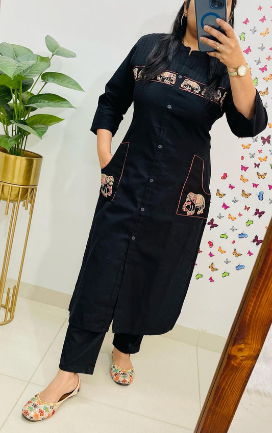 Cotton Kurti Pant Set with Tagai, Embroidery & Button Work