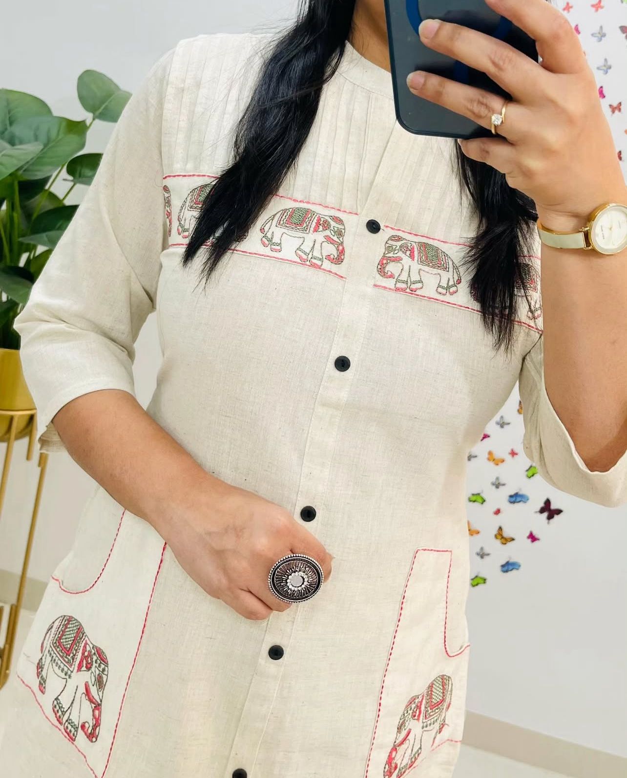 Cotton Kurti Pant Set with Tagai, Embroidery & Button Work