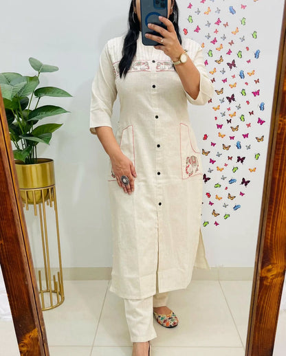 Cotton Kurti Pant Set with Tagai, Embroidery & Button Work
