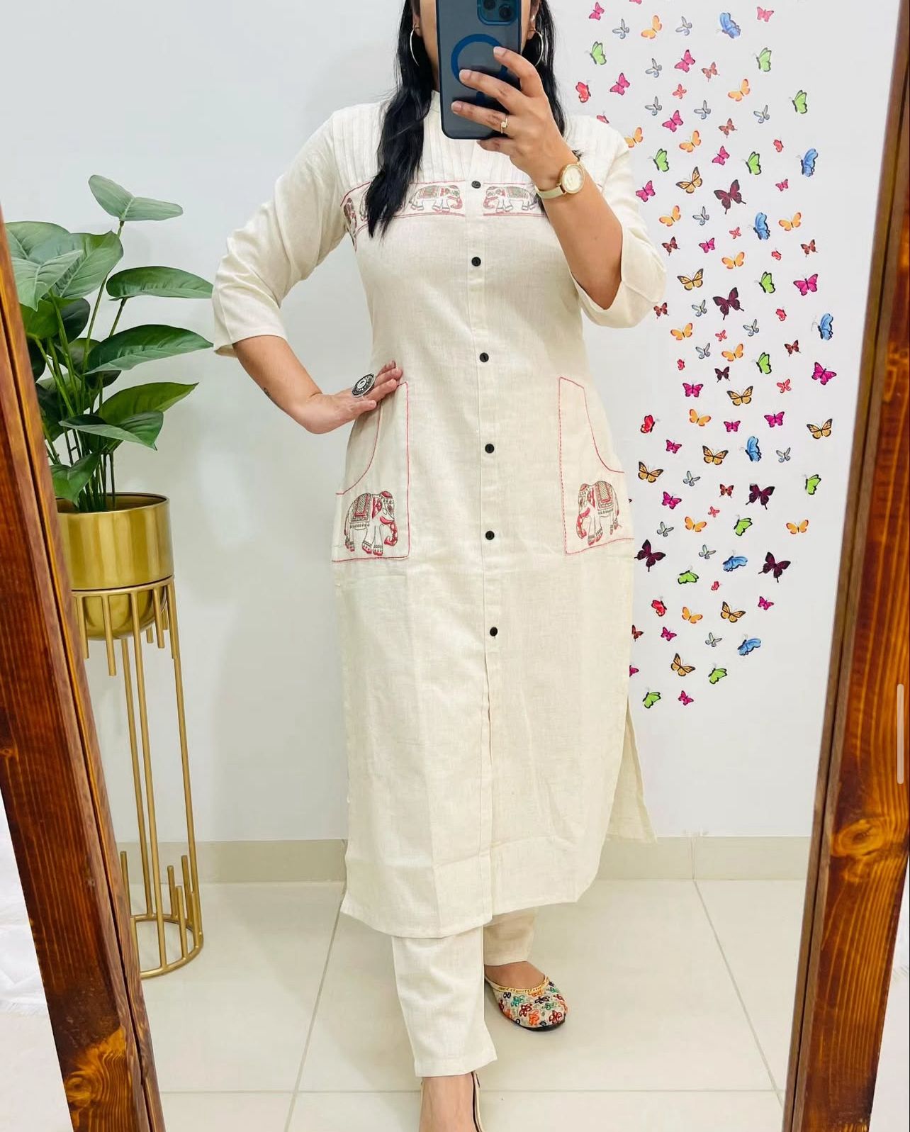 Cotton Kurti Pant Set with Tagai, Embroidery & Button Work
