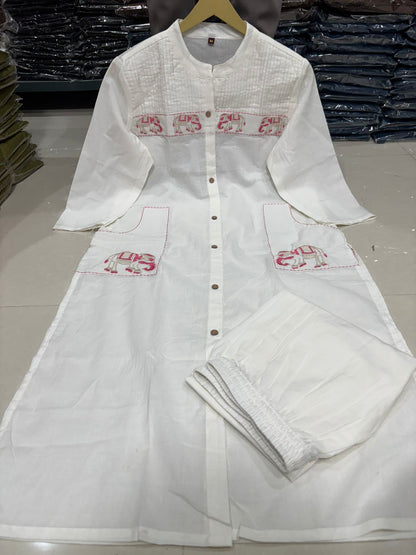Cotton Kurti Pant Set with Tagai, Embroidery & Button Work
