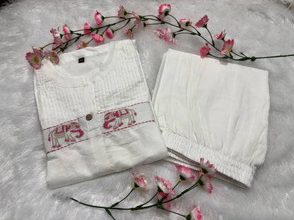 Cotton Kurti Pant Set with Tagai, Embroidery & Button Work