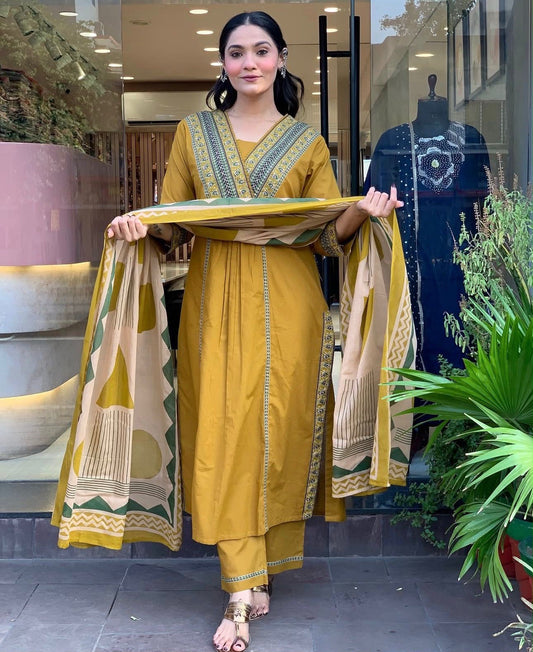 Cotton Printed Kurti Set with Cotton Pant & Mal Mal Dupatta
