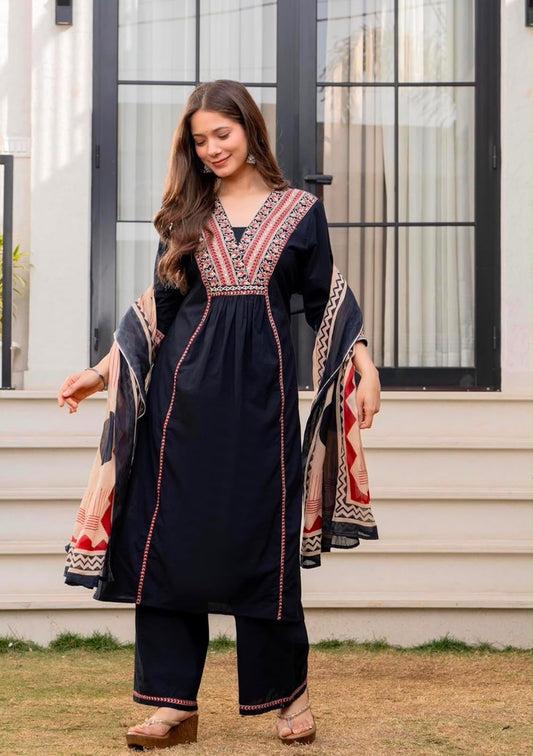 Cotton Printed Kurti Set with Cotton Pant & Mal Mal Dupatta