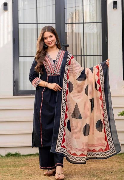 Cotton Printed Kurti Set with Cotton Pant & Mal Mal Dupatta