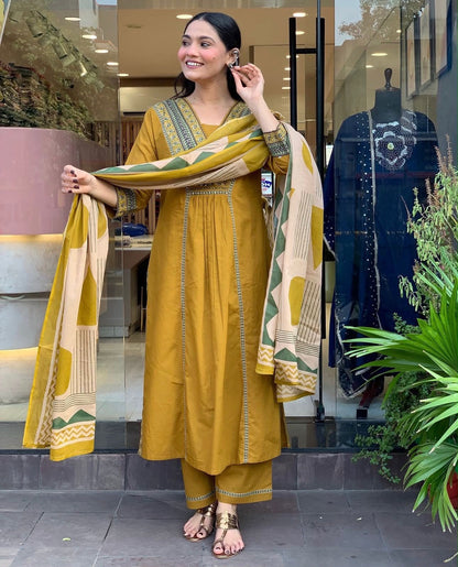 Cotton Printed Kurti Set with Cotton Pant & Mal Mal Dupatta