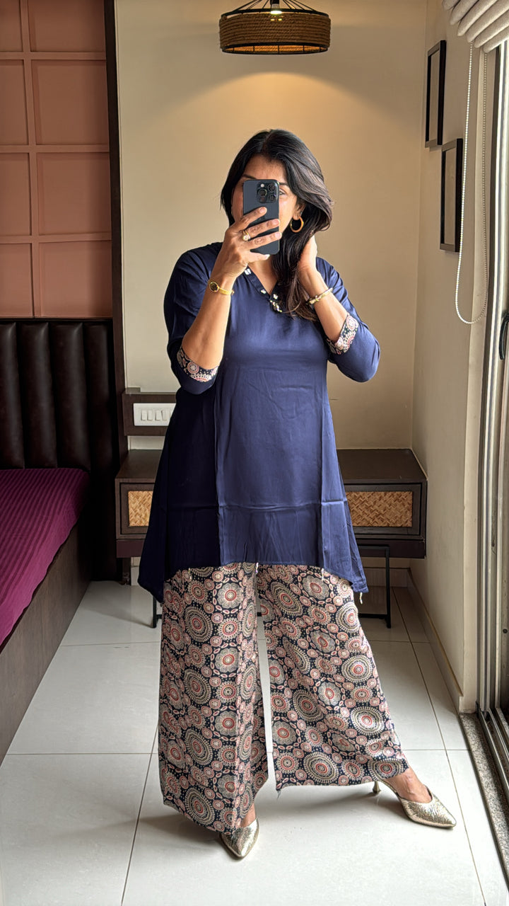 Cotton Kurti with Ajrakh Print Palazzo Co-Ord Set