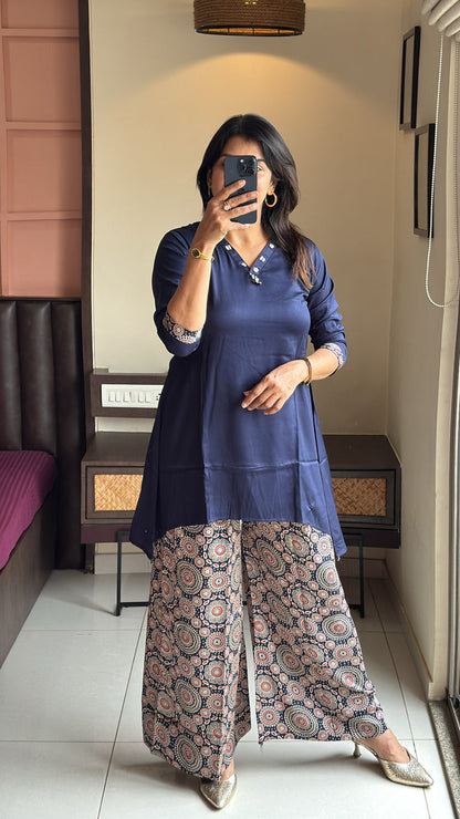 Cotton Kurti with Ajrakh Print Palazzo Co-Ord Set