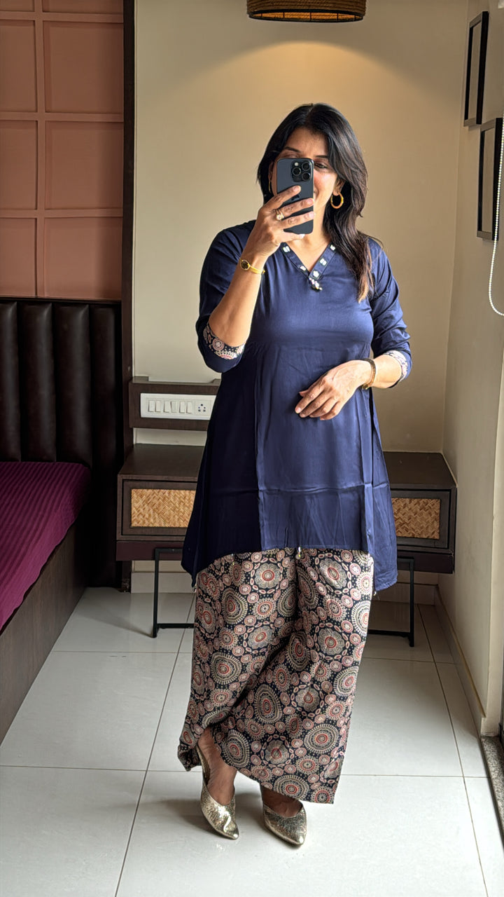 Cotton Kurti with Ajrakh Print Palazzo Co-Ord Set