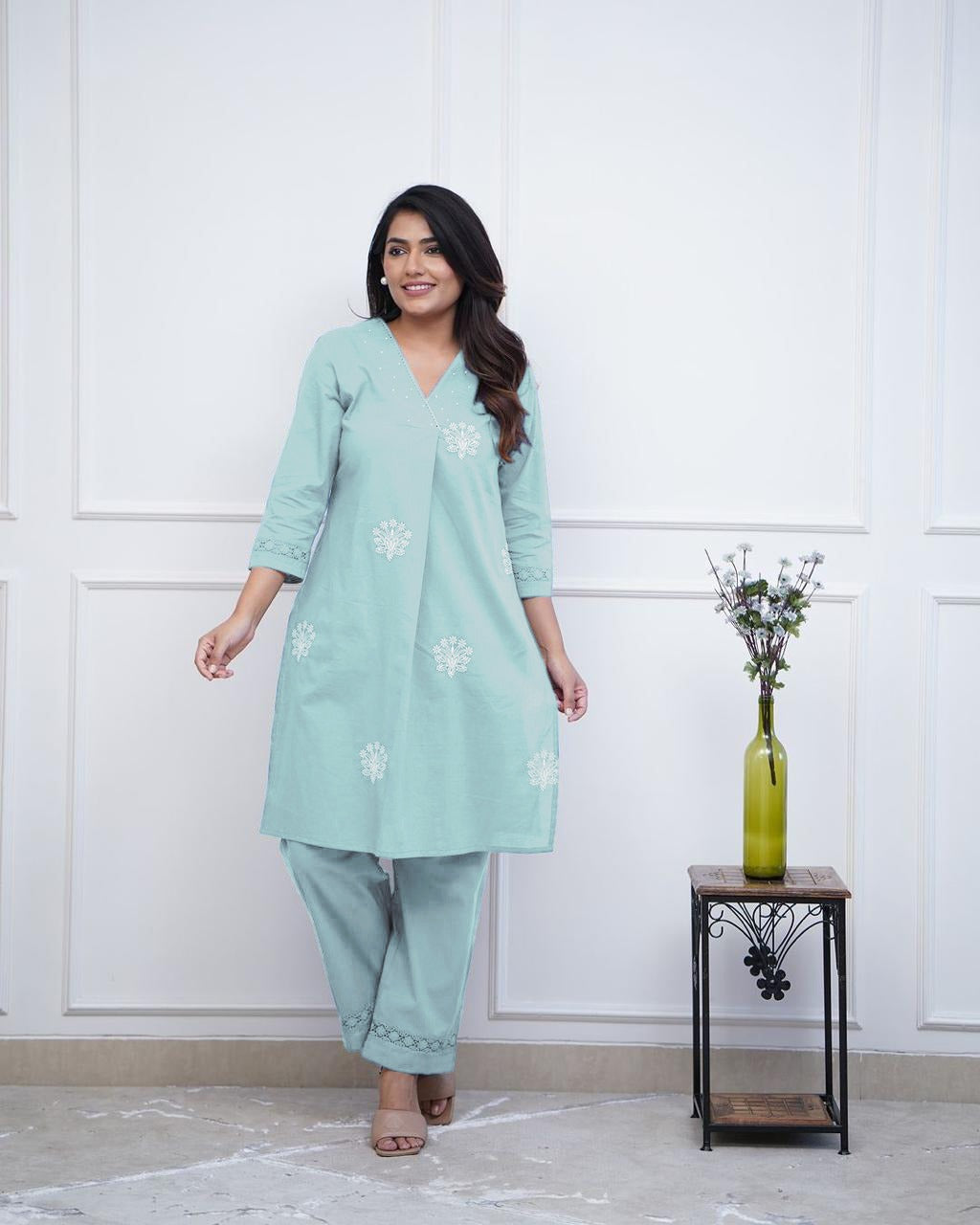 Cotton Kurti with Embroidery & Moti Lace Detailing | Lace Work Pant Set