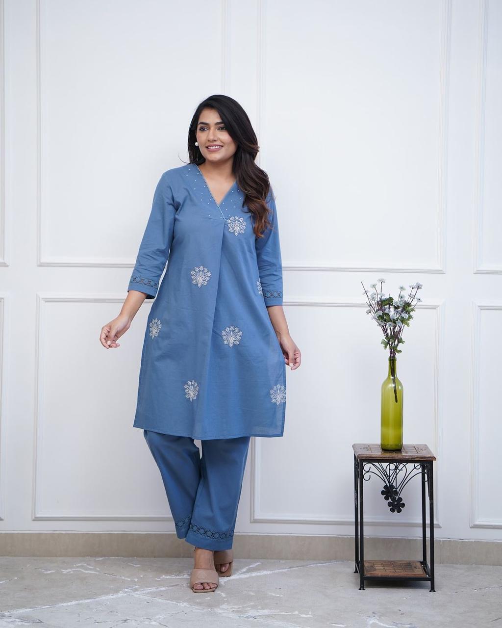 Cotton Kurti with Embroidery & Moti Lace Detailing | Lace Work Pant Set