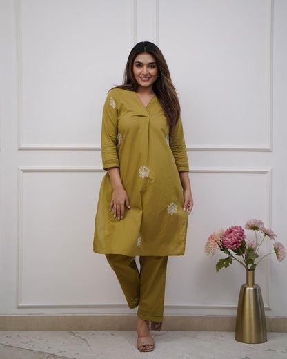 Cotton Kurti with Embroidery & Moti Lace Detailing | Lace Work Pant Set