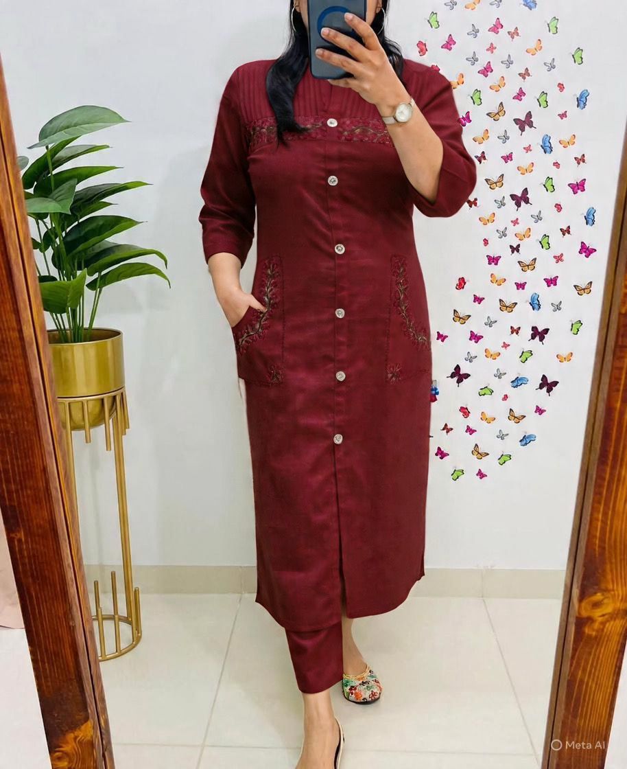 Cotton Kurti with Embroidery & Pant | Pocket Style Kurti Set