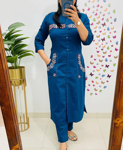 Cotton Kurti with Embroidery & Pant | Pocket Style Kurti Set