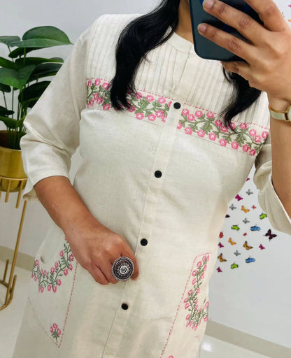 Cotton Kurti with Embroidery & Pant | Pocket Style Kurti Set