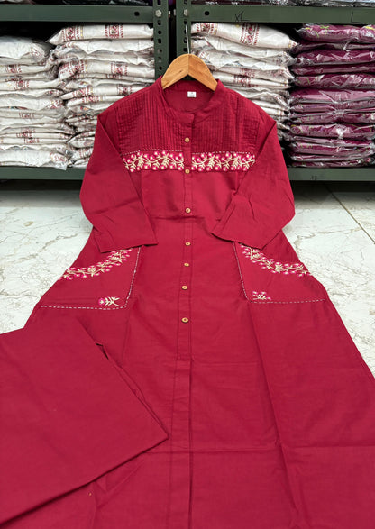 Cotton Kurti with Embroidery & Pant | Pocket Style Kurti Set