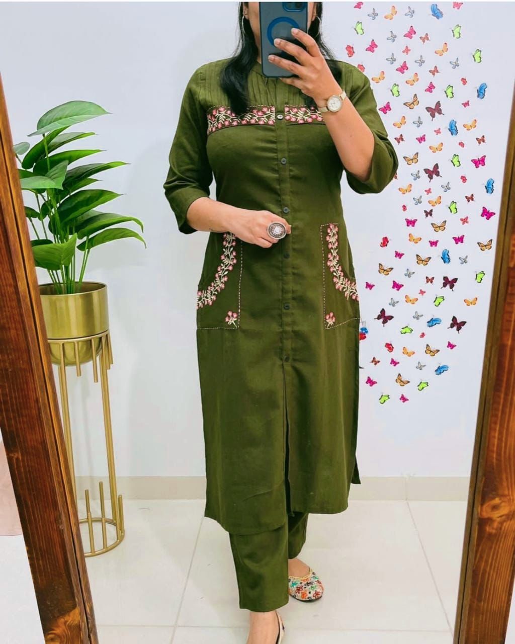 Cotton Kurti with Embroidery & Pant | Pocket Style Kurti Set