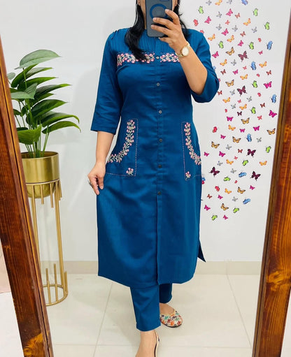 Cotton Kurti with Embroidery & Pant | Pocket Style Kurti Set