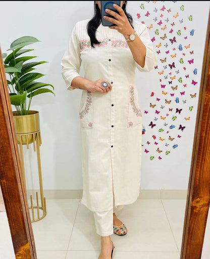 Cotton Kurti with Embroidery & Pant | Pocket Style Kurti Set