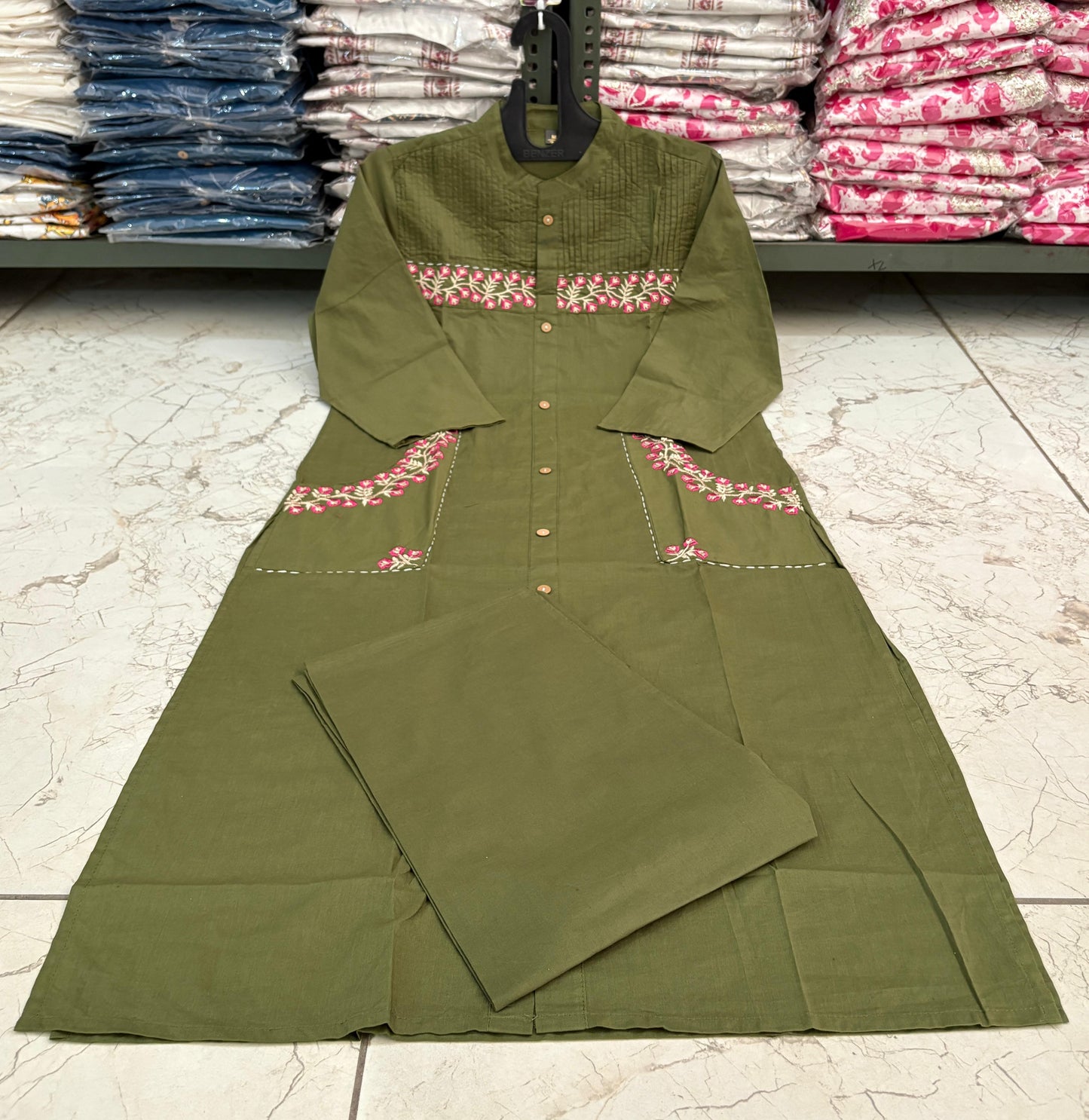 Cotton Kurti with Embroidery & Pant | Pocket Style Kurti Set