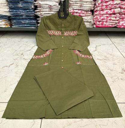 Cotton Kurti with Embroidery & Pant | Pocket Style Kurti Set