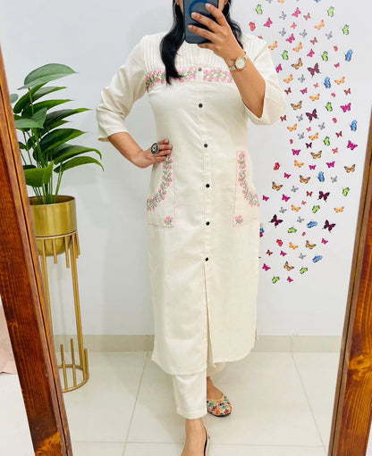 Cotton Kurti with Embroidery & Pant | Pocket Style Kurti Set