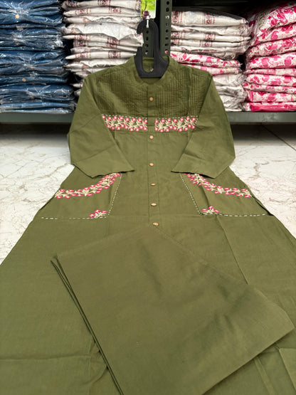 Cotton Kurti with Embroidery & Pant | Pocket Style Kurti Set