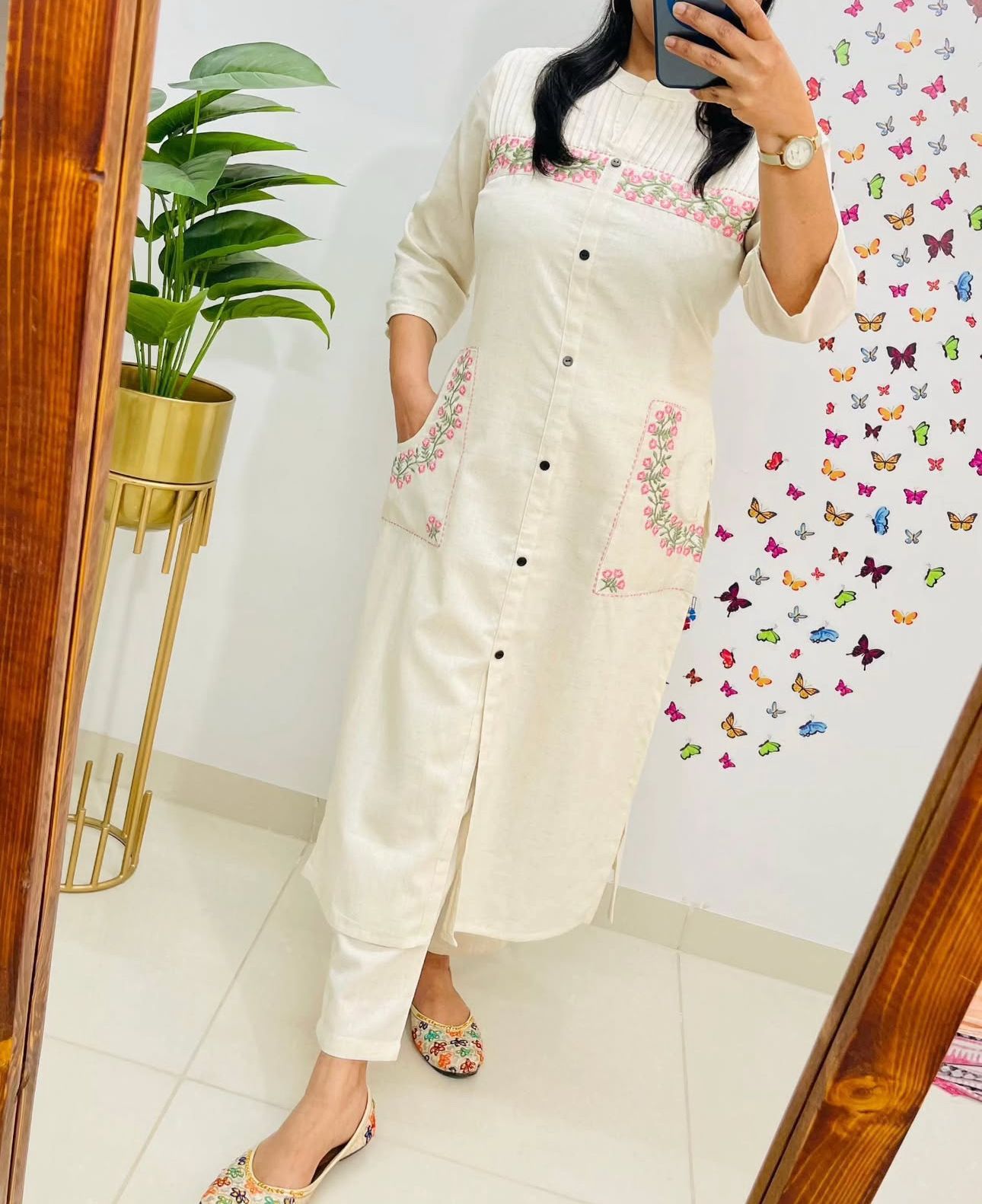 Cotton Kurti with Embroidery & Pant | Pocket Style Kurti Set