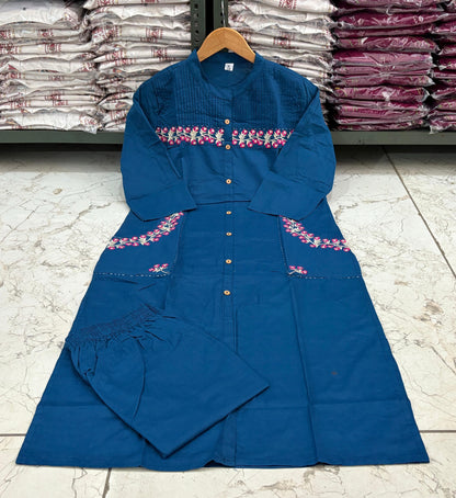 Cotton Kurti with Embroidery & Pant | Pocket Style Kurti Set
