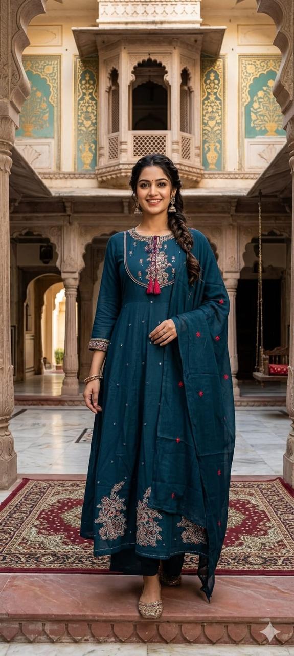 Cotton Kurti with Pant & Mal Mal Dupatta Set with Embroidery