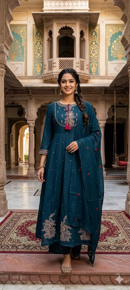 Cotton Kurti with Pant & Mal Mal Dupatta Set with Embroidery