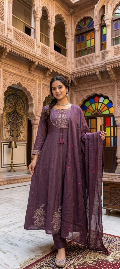 Cotton Kurti with Pant & Mal Mal Dupatta Set with Embroidery
