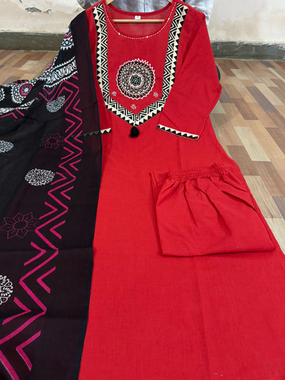 Cotton Kurti with Pant & Malmal Dupatta | Fully Stitched Set