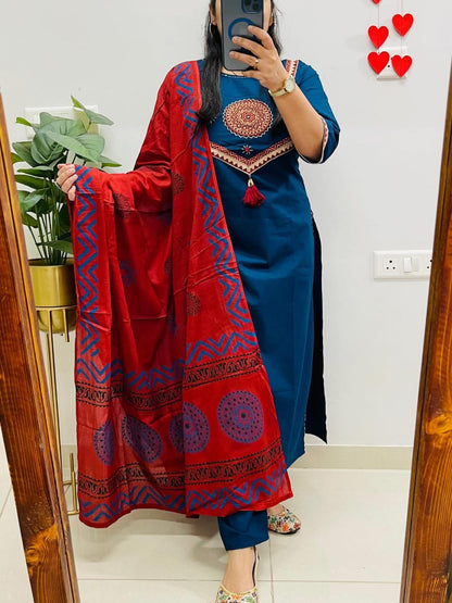 Cotton Kurti with Pant & Malmal Dupatta | Fully Stitched Set