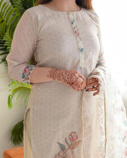 Cotton Lilan Cotton Digital Print Kurti Pant Dupatta Set with Organza Dupatta & Embroidery