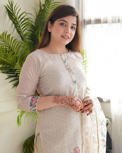 Cotton Lilan Cotton Digital Print Kurti Pant Dupatta Set with Organza Dupatta & Embroidery