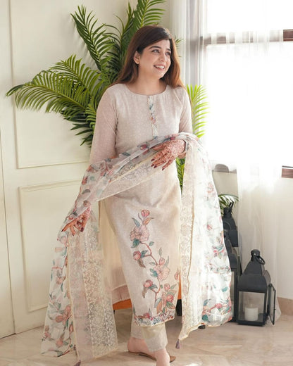 Cotton Lilan Cotton Digital Print Kurti Pant Dupatta Set with Organza Dupatta & Embroidery