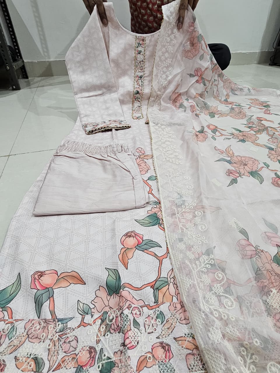 Cotton Lilan Cotton Digital Print Kurti Pant Dupatta Set with Organza Dupatta & Embroidery