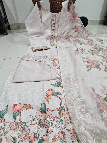 Cotton Lilan Cotton Digital Print Kurti Pant Dupatta Set with Organza Dupatta & Embroidery