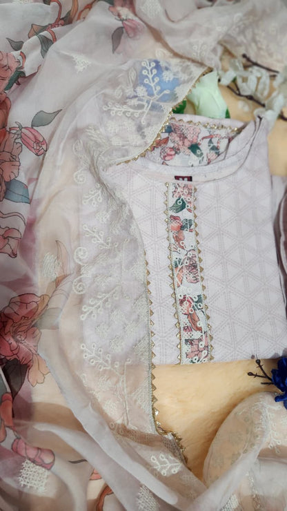 Cotton Lilan Cotton Digital Print Kurti Pant Dupatta Set with Organza Dupatta & Embroidery