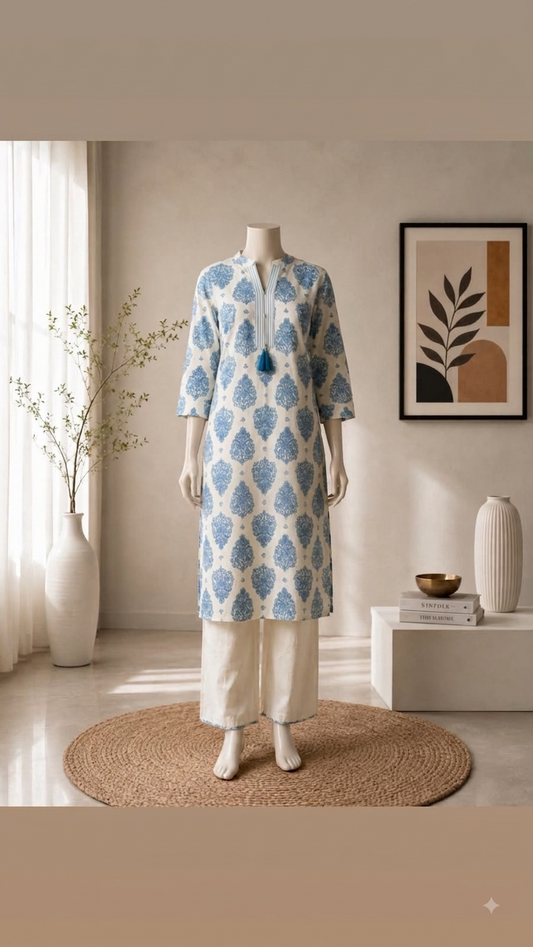 Cotton Mandarin Collar 2-Piece Co-Ord Set with Pocket