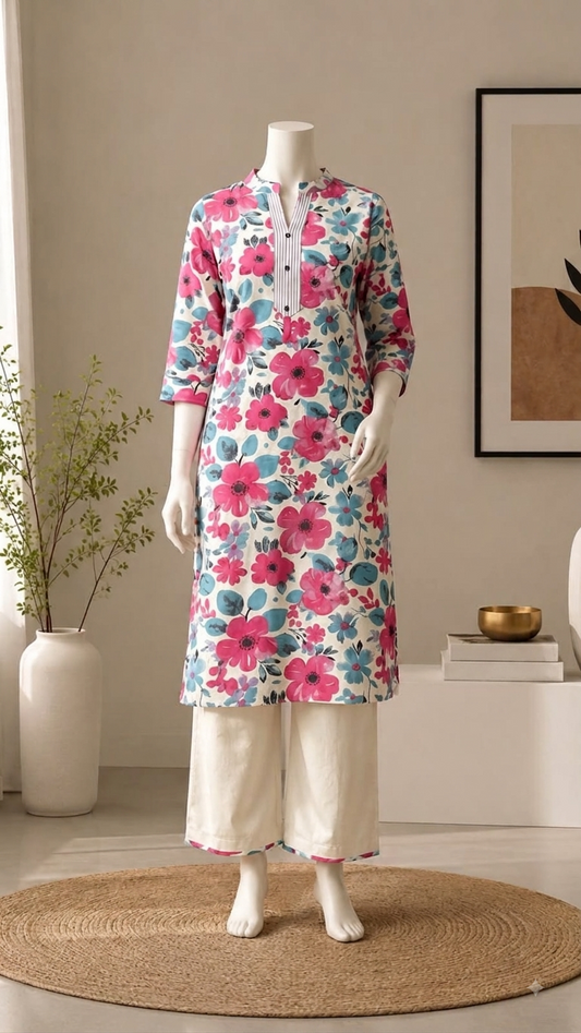 Cotton Mandarin Collar 2-Piece Co-Ord Set with Pocket