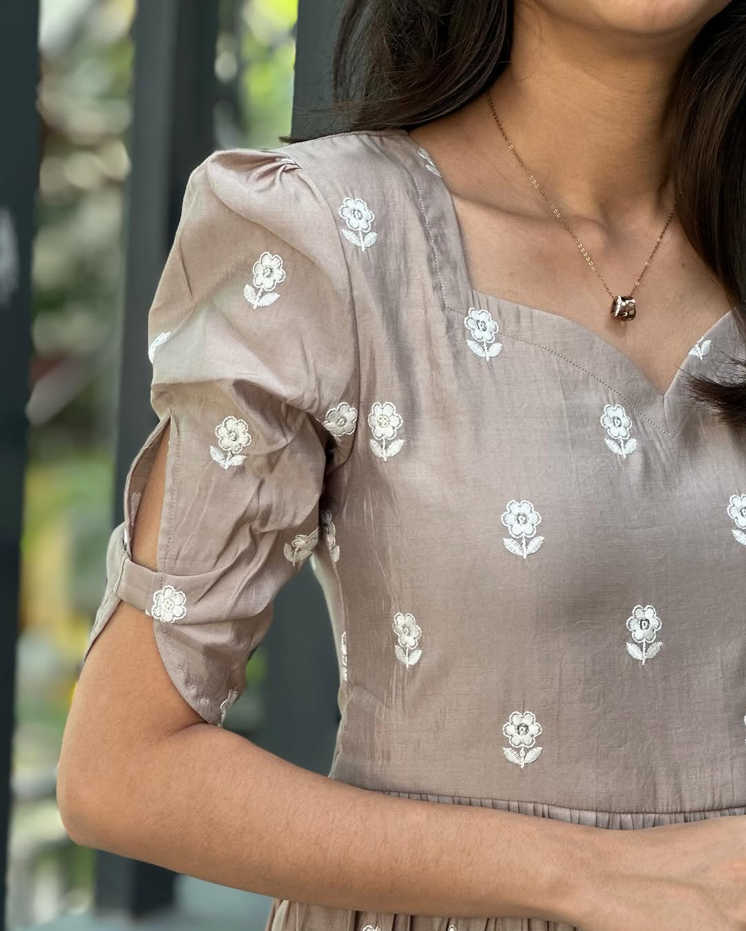 Cotton Midi Kurti with Lily Flower Thread Embroidery & Puff Sleeves