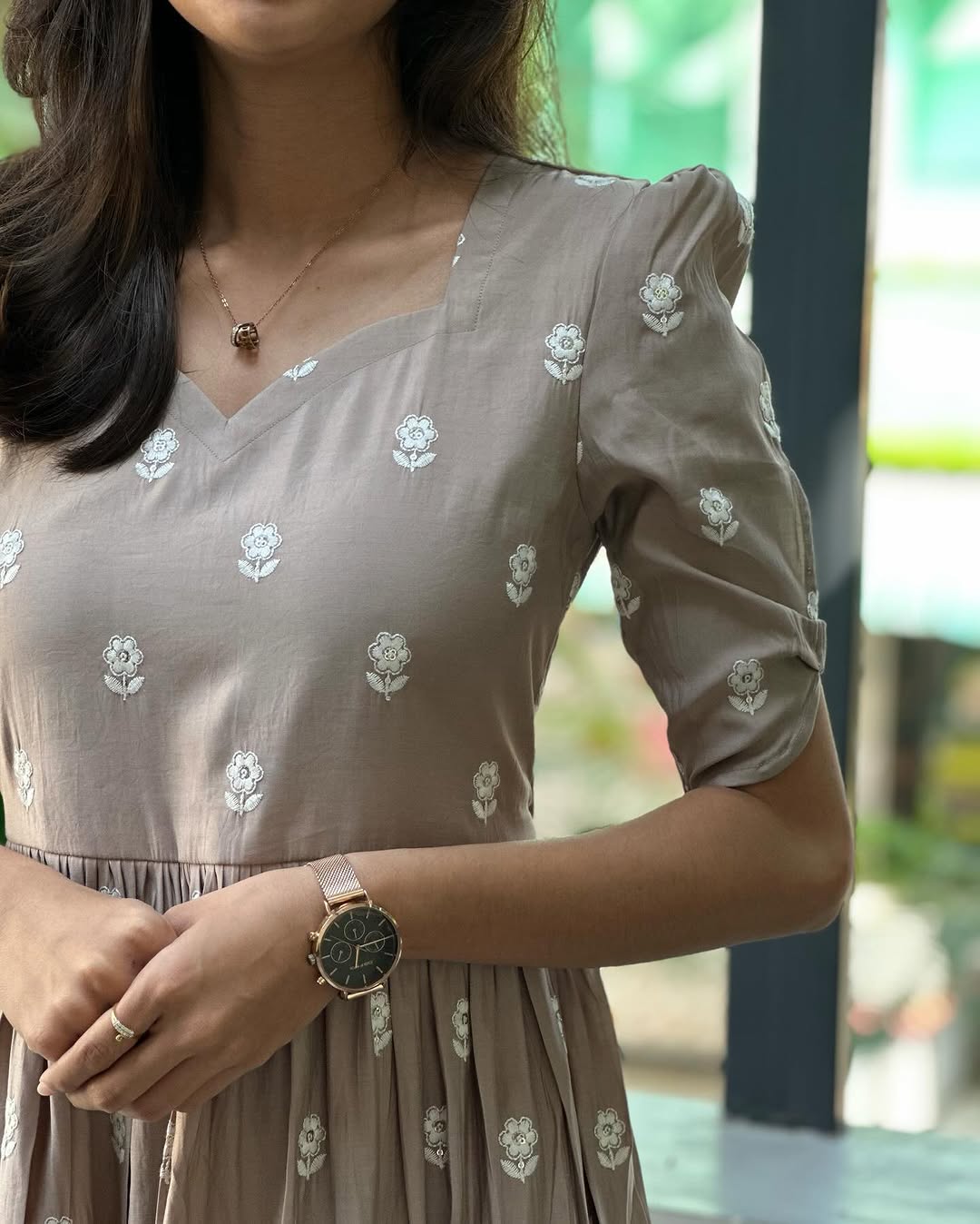 Cotton Midi Kurti with Lily Flower Thread Embroidery & Puff Sleeves