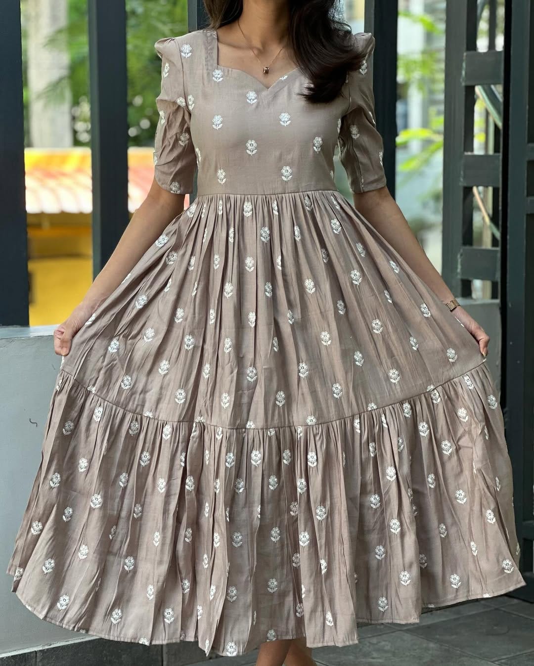 Cotton Midi Kurti with Lily Flower Thread Embroidery & Puff Sleeves