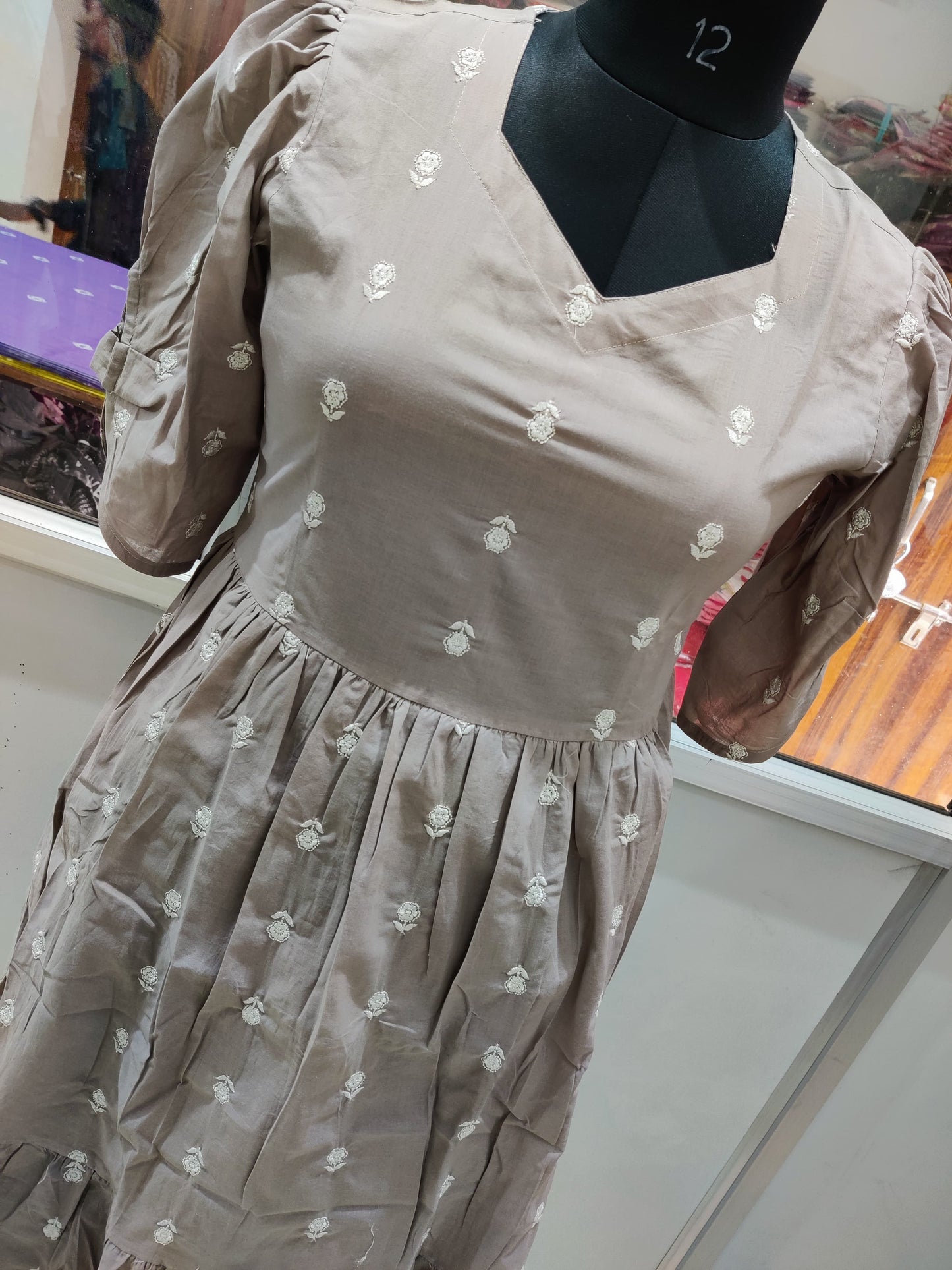 Cotton Midi Kurti with Lily Flower Thread Embroidery & Puff Sleeves