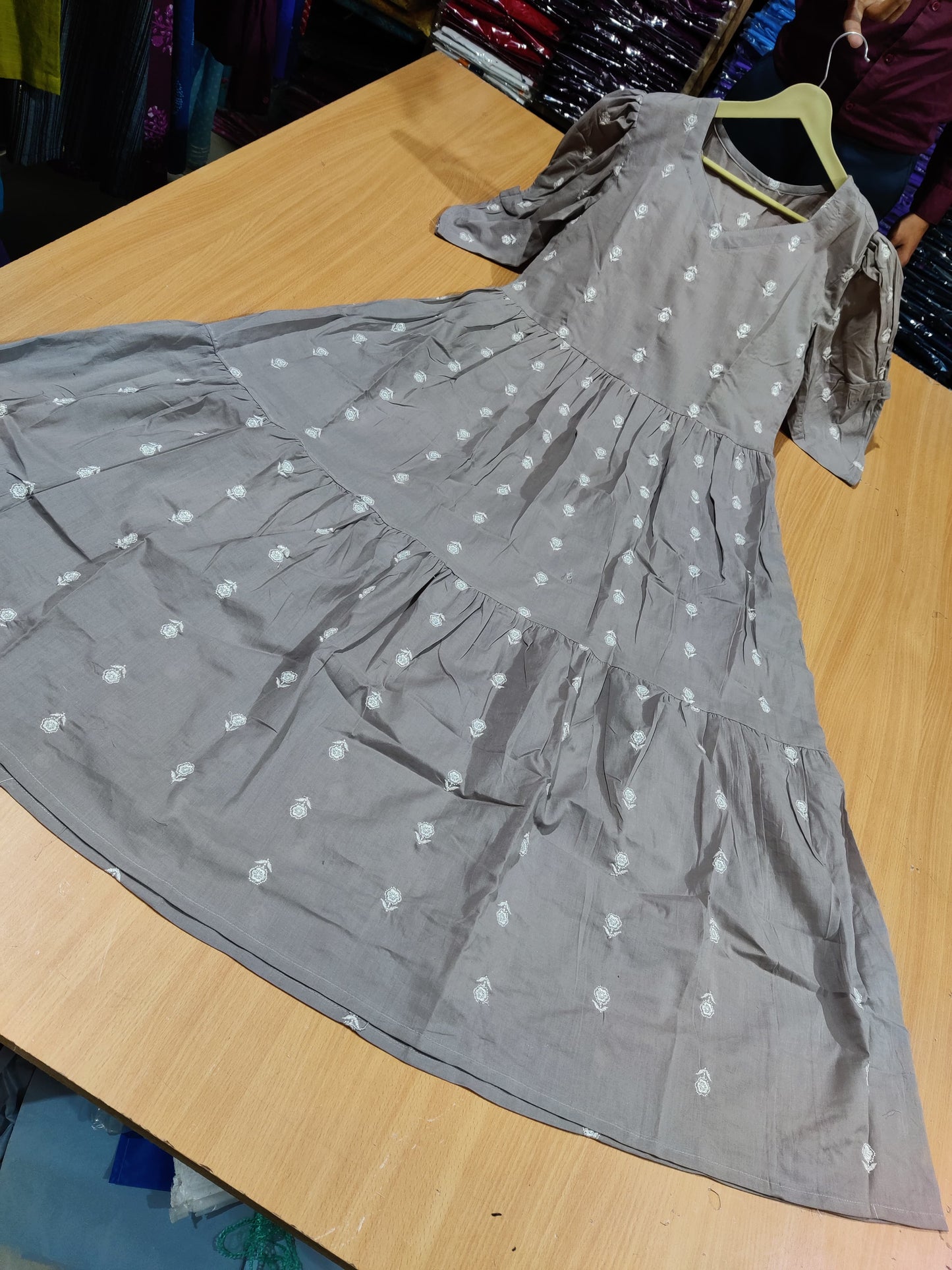 Cotton Midi Kurti with Lily Flower Thread Embroidery & Puff Sleeves